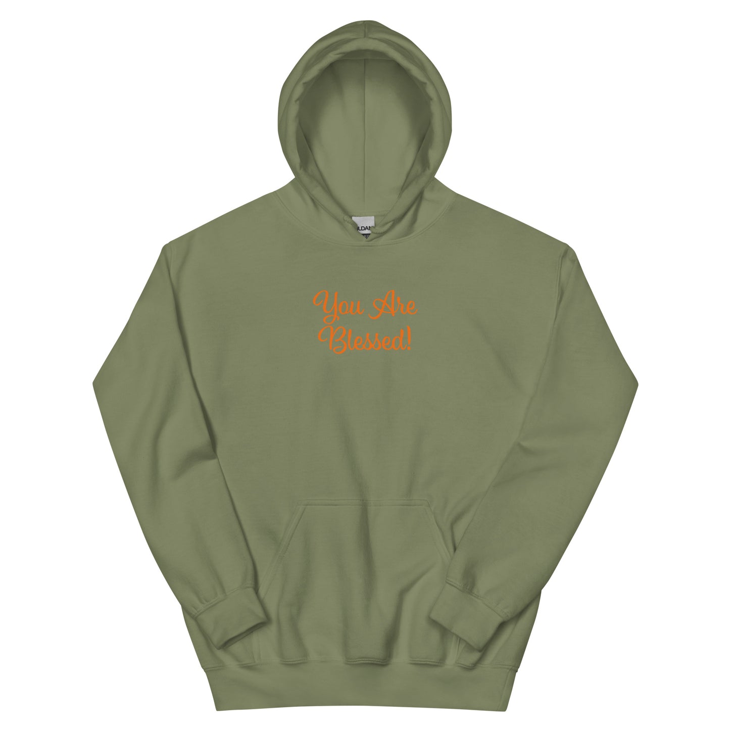Green hoodie with 'You Are Blessed!' text on a white background