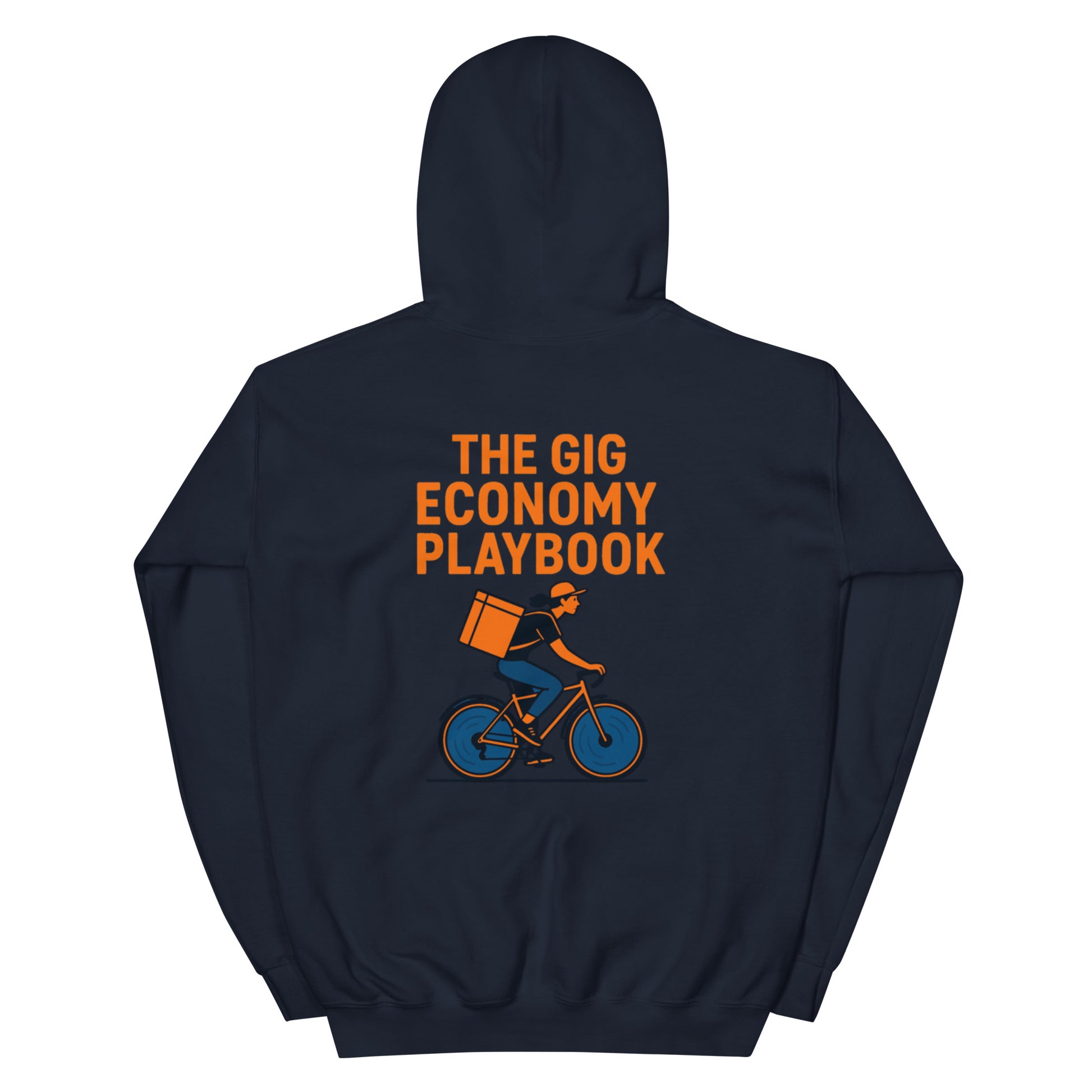 Black hoodie with orange text and graphic on the back, displayed on a white background The Gig Economy Playbook and cyclist. 