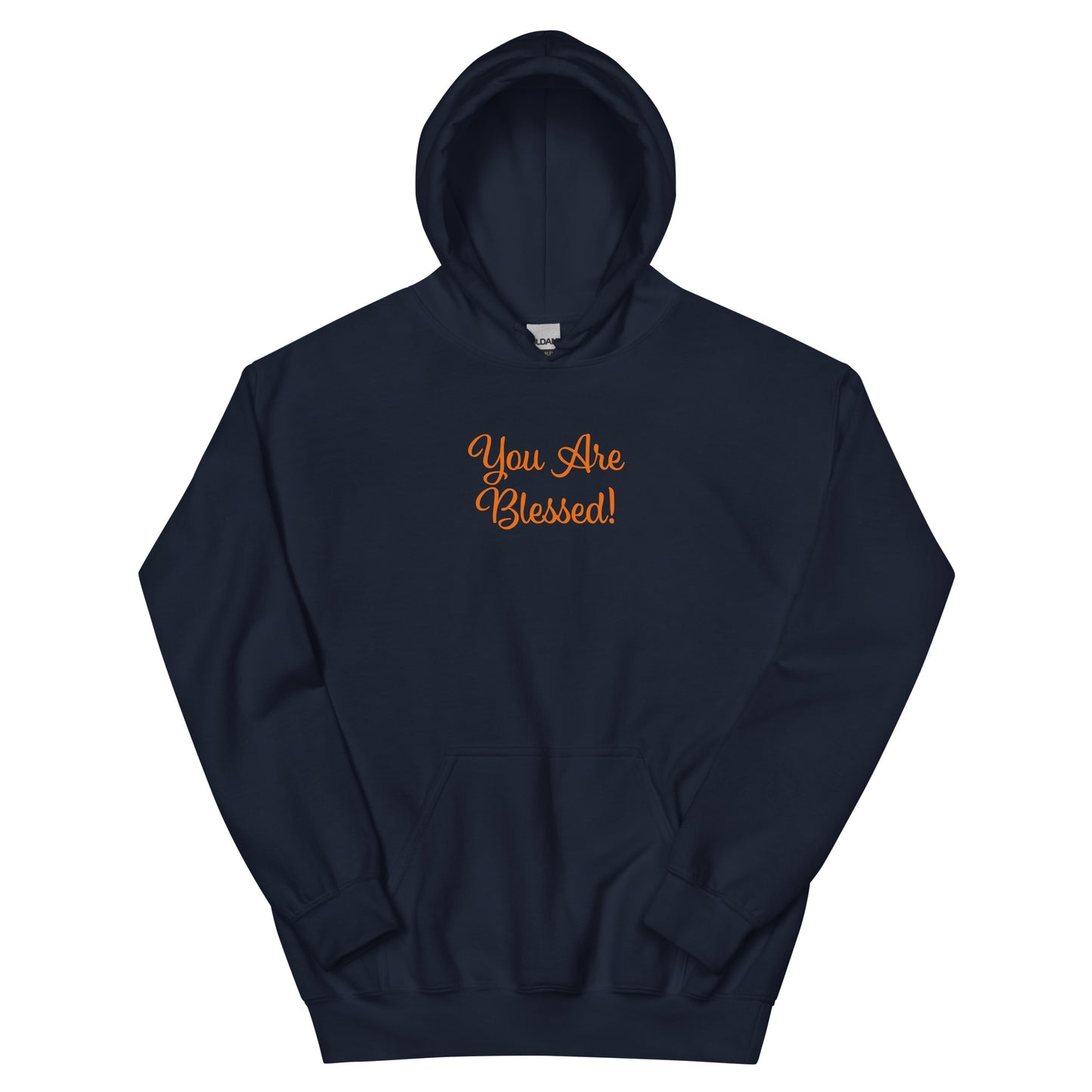Navy blue hoodie with 'You Are Blessed!' text in orange on a white background