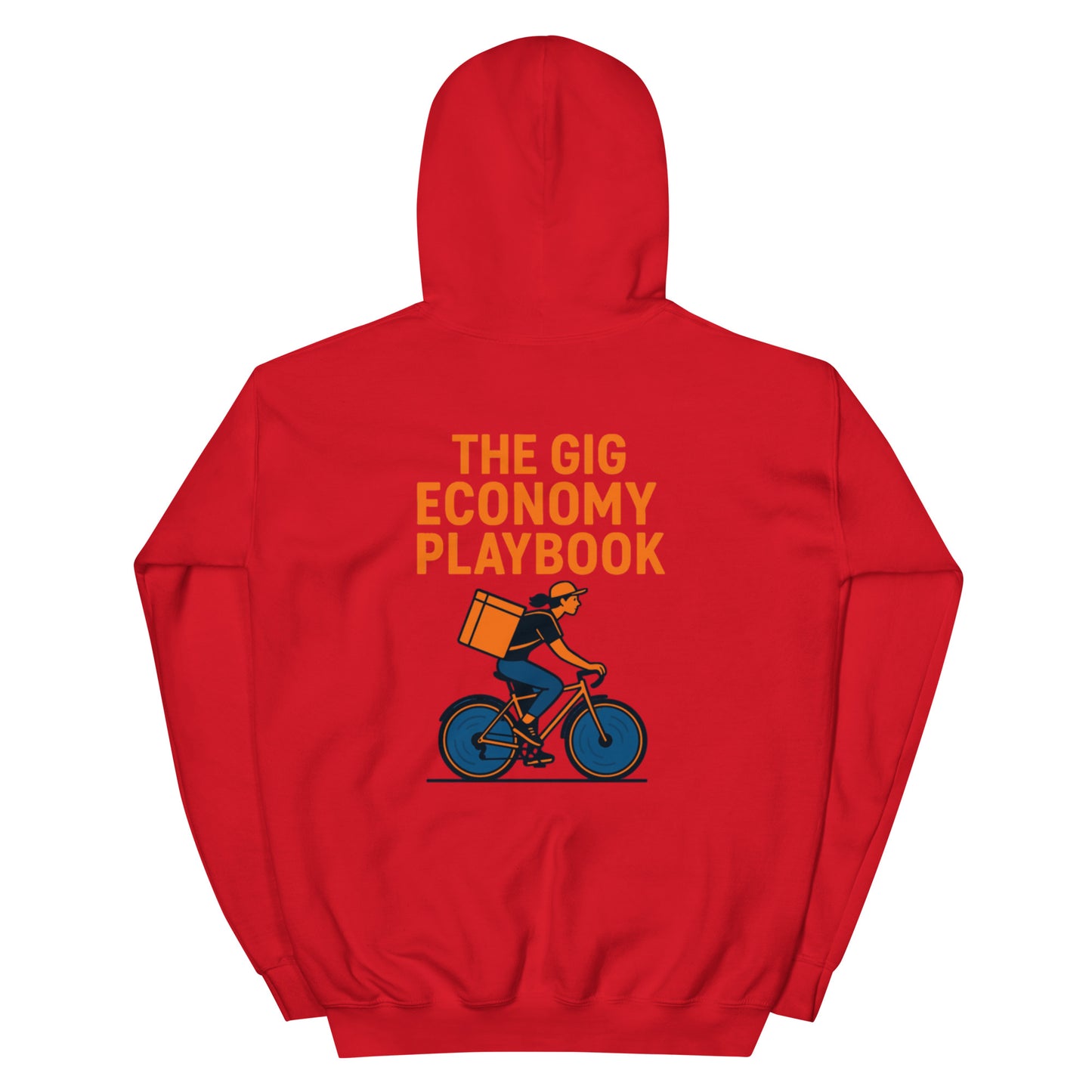 Red hoodie with 'The Gig Economy Playbook' graphic on the back