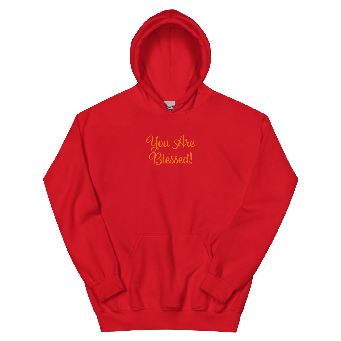 Red hoodie with 'You Are Blessed!' text on a white background
