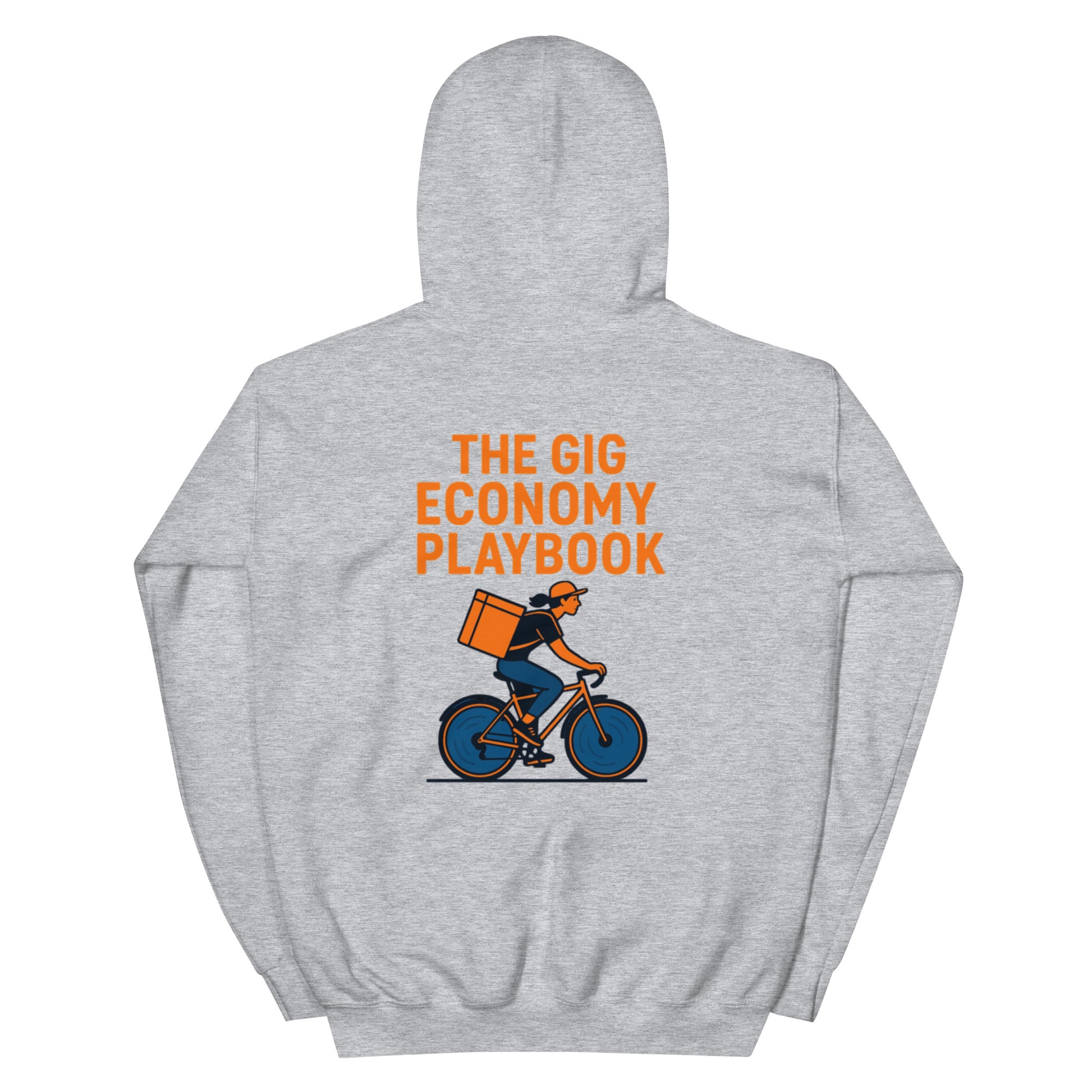 Gray hoodie with 'The Gig Economy Playbook' text and graphic on the back