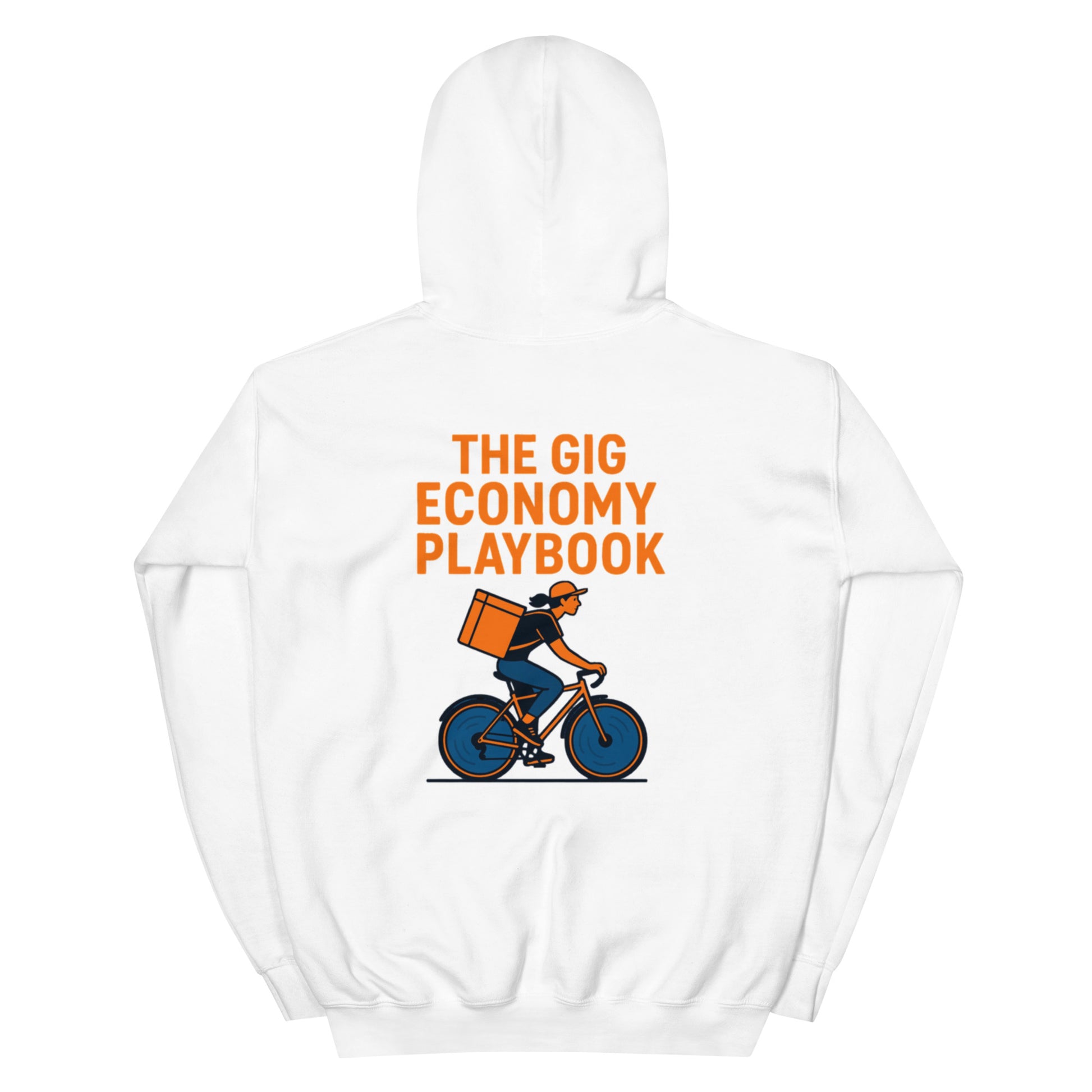 White hoodie with 'The Gig Economy Playbook' graphic on a white background