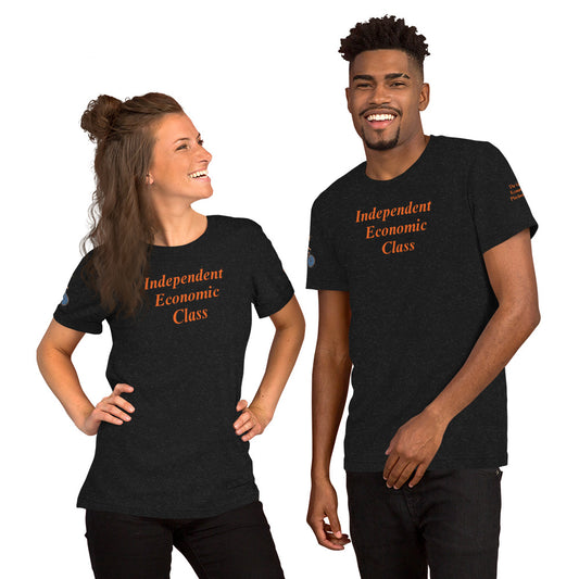 "Black unisex t-shirt with Orange Independent Economic Class text on the front"