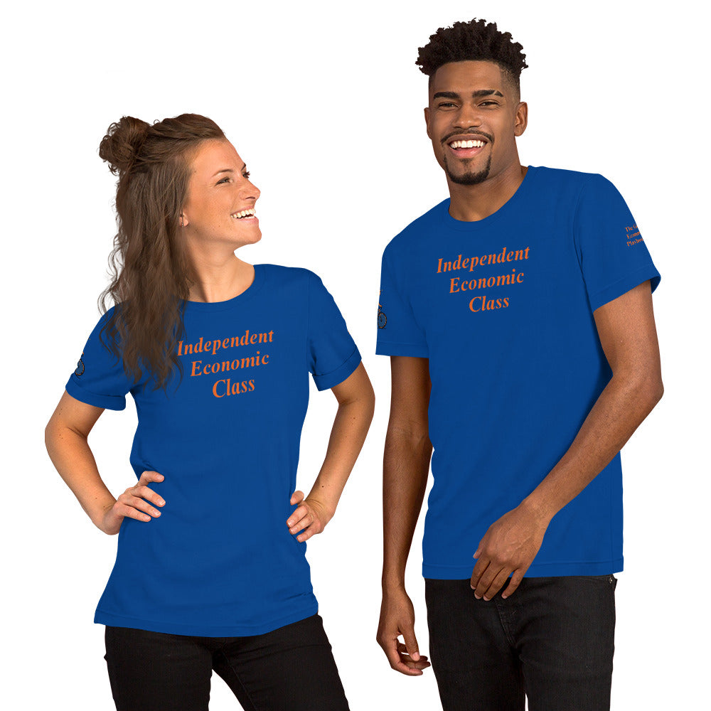 Two people wearing blue t-shirts with 'Independent Economic Class' text on a white background